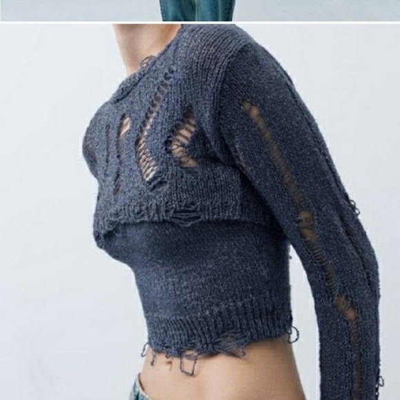 Zara Black Distressed Knit Crop Sweater - Picture 4 of 6